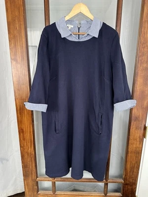 Talbots 连衣裙女式 3X 海军蓝白色领 3/4 袖棉质口袋针织 — 第 1/4 张图片