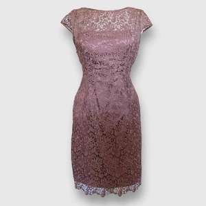 Adrianna Papell Womens Sheath Dress Sz 8 Mauve Lace Cocktail Cap Sleeve Romantic - Picture 1 of 9