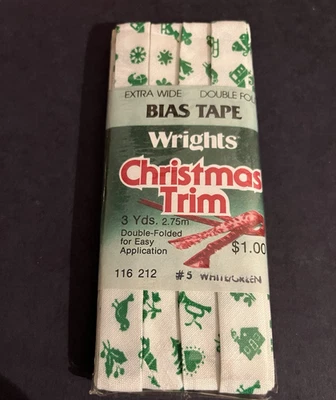 Cinta sesgada Wrights Christmas Trim X-Wide verde y blanco nueva 1979 vintage Foto 1 de 3