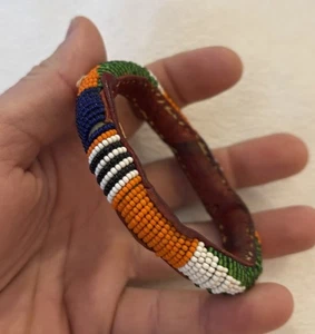 VTG Native American Bracelet Beaded Leather Bangle Handmade Seed Bead Southwest - Picture 1 of 14