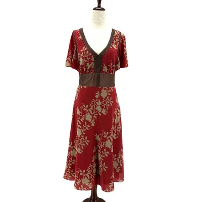 Anthroplogie Maeve Womens 6 Dress Silk Floral Flutter Sleeve Red Tan Cocktail - Image 1 of 4