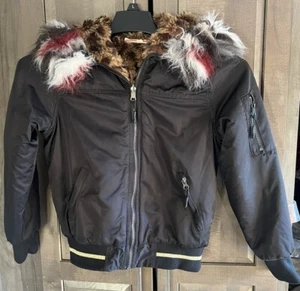 kids Black jacket size med fur around hood warm! preown fur lined zip pocket - Picture 1 of 7