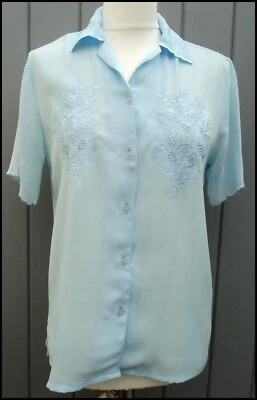 Vintage 1980s blouse C&A pale blue embroidered scalloped top fits size 8-10 UK - Image 1 of 4