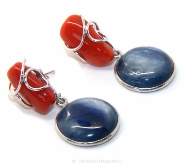 ARGENTO 925 ORECCHINI DONNA PERLE CORALLO NATURALE ROSSO DISCO CIANITE BLU - Immagine 1 di 4