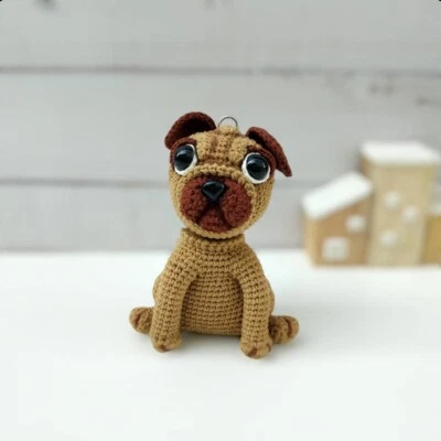 Cute Pug Puppy Dog Hand Knitted Crochet Animal Gift Doll / Keyring - Image 1 of 4