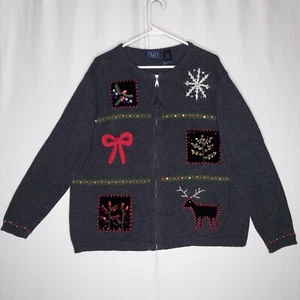 Crazy Horse Holiday Cardigan Women 1X Gray Zipper Embroidered Sequin Winter - Picture 1 of 6