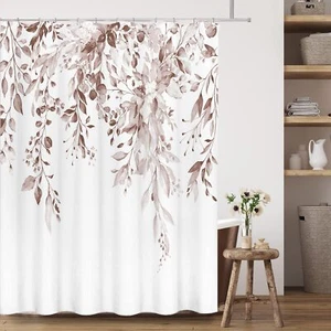 72"x72" Rosy Brown Eucalyptus Shower Curtain Watercolor Leaves Floral Hooks - Picture 1 of 8