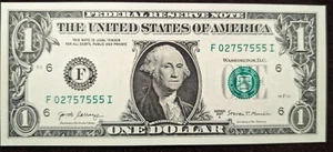 4 of a Kind Fancy Serial Number 02757555 Uncirculated 2017 One Dollar bill X68 - Picture 1 of 2