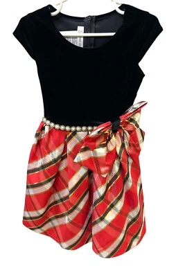 *Bonnie Jean Girls Sz 6 Party Church Holiday Dress Black Velvet White Red Gold - Image 1 of 3