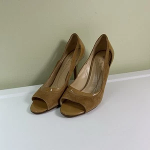 Kate Spade Camel Suede and Patent Peep Toe Heels Size 6.5 B Tan Pumps - Picture 1 of 10
