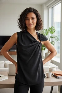 NWT VERSACE Silk Asymmetrical Collar Top 38 2 Black Logo Gold Ring Placard Women - Picture 1 of 10