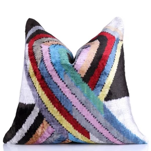 Colorful Zigzag Ikat Pillow – 16x16” Silk Velvet | Handmade Luxe - Picture 1 of 8