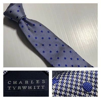 CHARLES TYRWHITT Polka Dot Houndstooth Silver Blue Silk Tie - Image 1 of 4