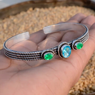 Brazalete de diseñador de plata de ley 925 con topacio azul Londres, joyería de diopsido Foto 1 de 4