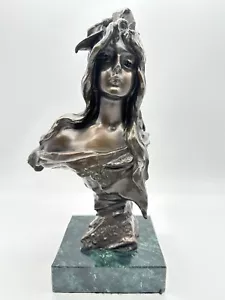 Antique Early 20th C. Art Nouveau Bronze Woman Bust After Emmanuel Villanis - Picture 1 of 14
