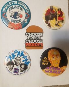 Lot Of 5 Vintage Michael Jordan Star Wars 3 Stooges Wendy's Hornets Button Pins