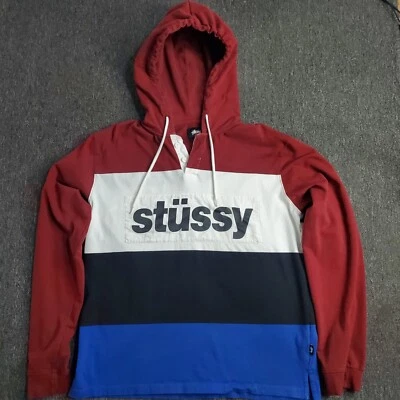 Sudadera con Capucha Stussy Para Hombres XL Azul Borgoña Rugby Camisa Botón Bloque de Color Deletrear Logo Foto 1 de 4