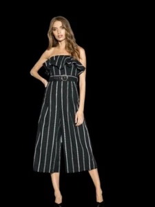 SHEIKE Harvard Linen Jumpsuit Size 14 Black Stripe Crop Wide Leg NWT $159 - Picture 1 of 8