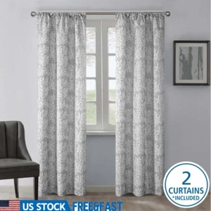 Jacquard Blackout Curtains Set of 2 Rod Pocket Geometric Design Machine Washable - Picture 1 of 7