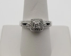 10k Princess-Cut & Round Diamonds Halo Milgrain White Gold Wedding Ring Size 9 - Picture 1 of 10