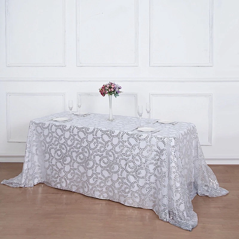 90x156" SILVERSheer Tulle Rectangular TABLECLOTH Embroidered Sequins Party - Image 1 of 4