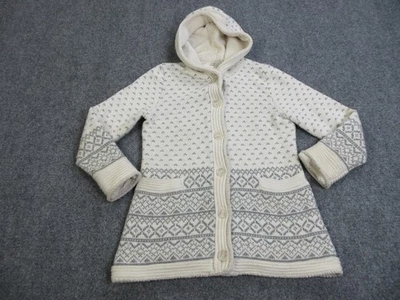 Cardigã feminino L.L.Bean suéter pequeno pequeno marfim cinza com capuz forrado ilha justa - Imagem 1 de 4