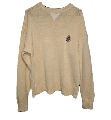 Suéter de cuello redondo tejido amarillo cuerno de caza vintage para hombre talla grande bordado  Foto 1 de 4