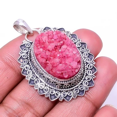 Natural Pink Quartz Drusy Fine Art 925 Sterling Silver Pendant 1.76" P939520514 - Image 1 of 4