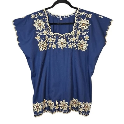 Top Mexicano Bordado Para Mujer XL Azul Marino Floral Campesino Oaxaca Cuadrado Bohemio Foto 1 de 4