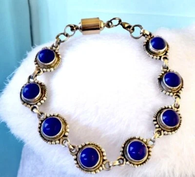 Pulsera de cadena de lapislázuli azul plata de ley 925 cierre magnético o garra 8" Foto 1 de 4