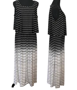 SABRINA LAUREN Maxi Dress Black White Ombré Striped Layered Top Women’s L NEW - Picture 1 of 7