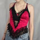 Red Black Lace Strappy Ruffle Top Women’s Sz Medium  Vintage Chemise Negligée