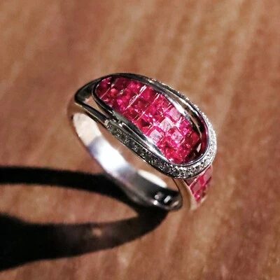 Unique Belt Wrap Lab-Created Ruby Pave Natural Diamond Women Ring 14K White Gold - Image 1 of 4