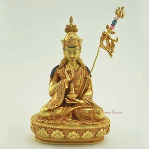 Gold Gilded Face Painted Hand Carved 9" Padmasambhava Copper Statue Patan, Nepal - Picture 1 of 4