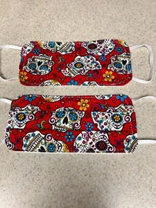 Face Mask / Protection- Sugar Skulls on Red Background - Wash & Reuse - Set of 2 - Picture 1 of 1