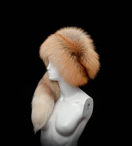 Gold Fox Fur Ladies Fancy Handmade Beanie Beret Bubble Style Hat + Tail - Picture 1 of 6
