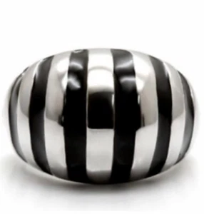Anillo de cóctel a rayas de acero inoxidable talla 8 plateado esmalte negro cúpula declaración - Imagen 1 de 9