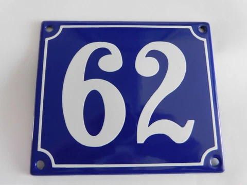 Old French Blue Enamel Porcelain Metal House Door Number Street Sign / Plate 62 Cover