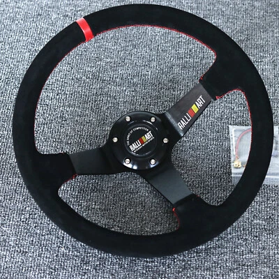 14"Universal Ralliart Racing Red Ring Suede Leather Deep Dish Steering Wheel - Image 1 of 2