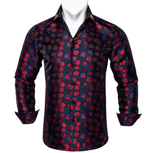 Mens Long Sleeve Burgundy Red Paisley Floral Silk Shirt Button Down Casual Tops