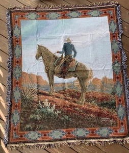 Vintage New Jack Terry Western Cowboy Tapestry Throw Blanket & 2 Pillows Set - Picture 1 of 6