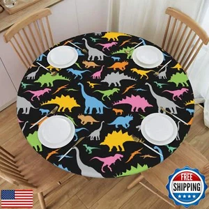 Famame Colorful Cute Dinosaurs Fitted Round Tablecloth Waterproof Table Cloth - Picture 1 of 5