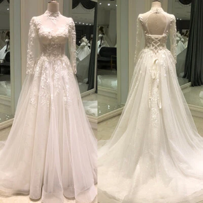 Elegant Wedding Dresses High Neck Long Sleeves A Line Lace Appliques Bridal Gown - Image 1 of 4