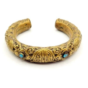 Wonderful Antique Chinese Export Brass and Turquoise Cuff Bracelet (A2606) - Picture 1 of 4