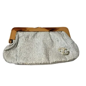 Vintage Clutch Purse mid century modern Bakelite Plastic Handle Silver Sparkle - Picture 1 of 5