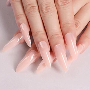 LONG STILETTO *NUDE* Full Cover Transparent Press On 24 Nail Tips Glue Set! - Picture 1 of 3