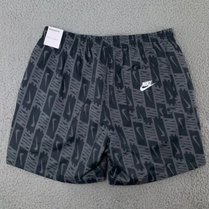 Nike Shorts Men Large Black Gray Mesh Lined Trunks Allover Nike Swoosh Print NEW - Picture 1 of 14