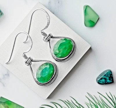 New 925 Sterling Silver Emerald Earrings Oval Green Dangle Drop Hook Gift Boxed - image 1 of 4