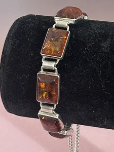 Vintage Sterlingsilber Bernstein Gliederarmband 18,5 g 7” Bernstein Größe 1/2” x 3/8” - Bild 1 von 10