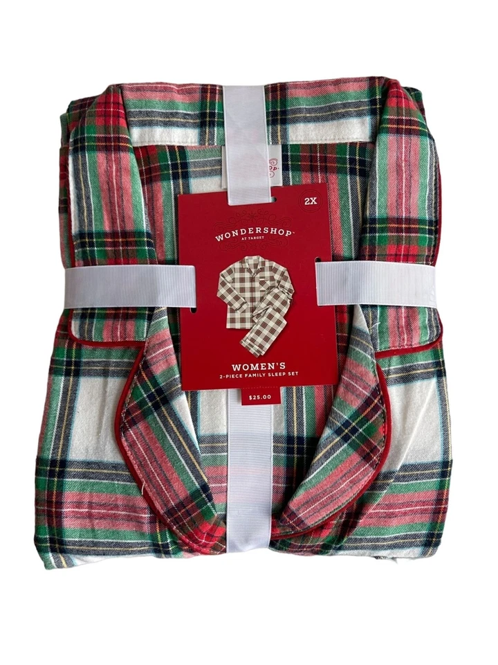 ¡Nuevo! WONDERSHOP Juego de Dormir 2 Piezas Franela a Cuadros Suave 2X Blanco Rojo Verde Vacaciones Foto 1 de 4